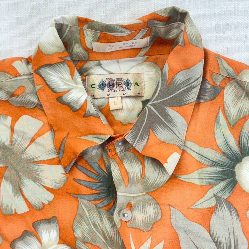 Campia Moda Mens Orange Tropical Hibiscus Floral Rayon Hawaiian Shirt Large L - Picture 2 of 15